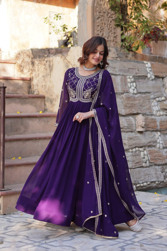 Amazing Embroidered Work Purple Color Gown