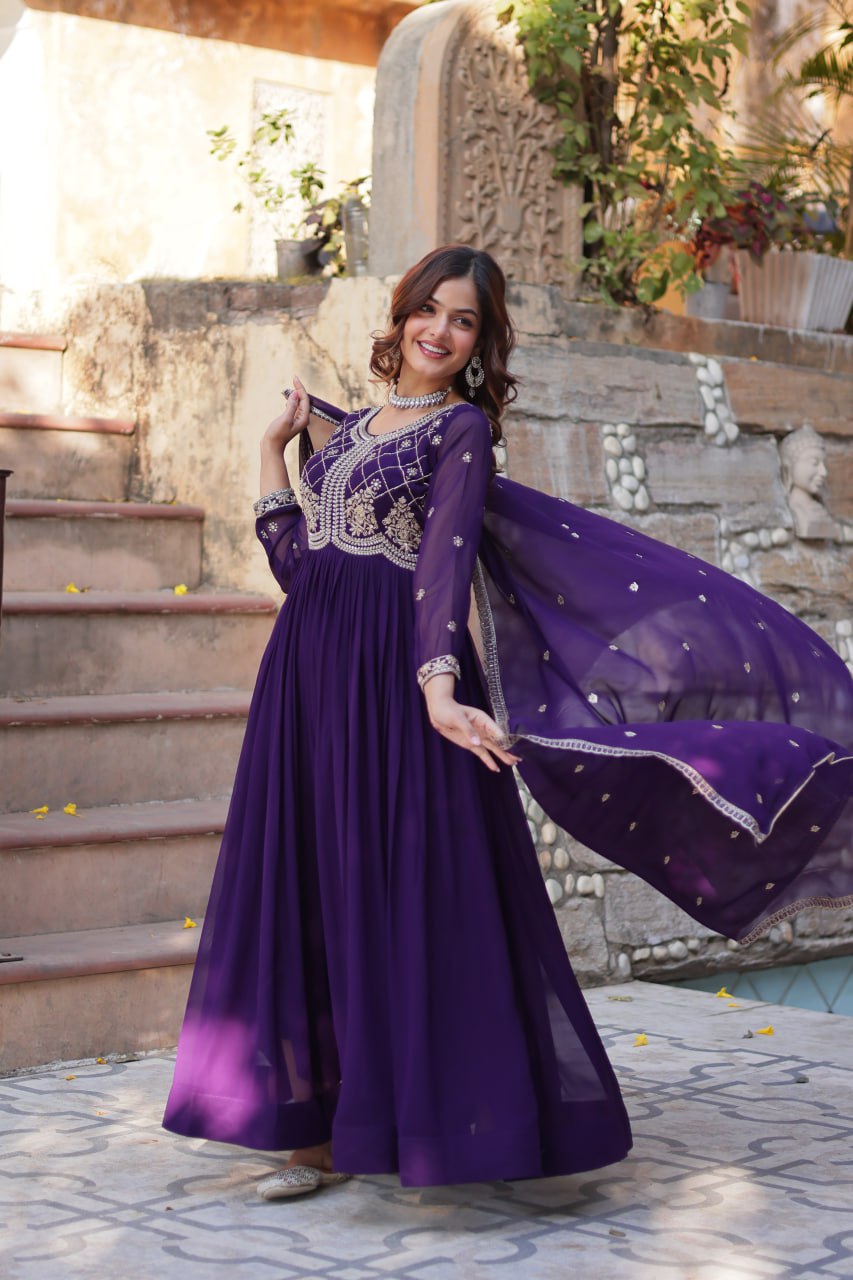 Amazing Embroidered Work Purple Color Gown