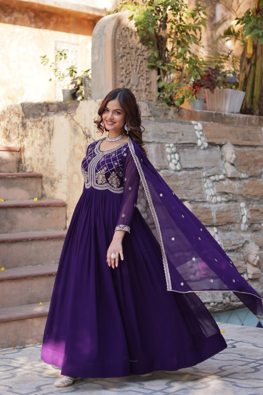Amazing Embroidered Work Purple Color Gown