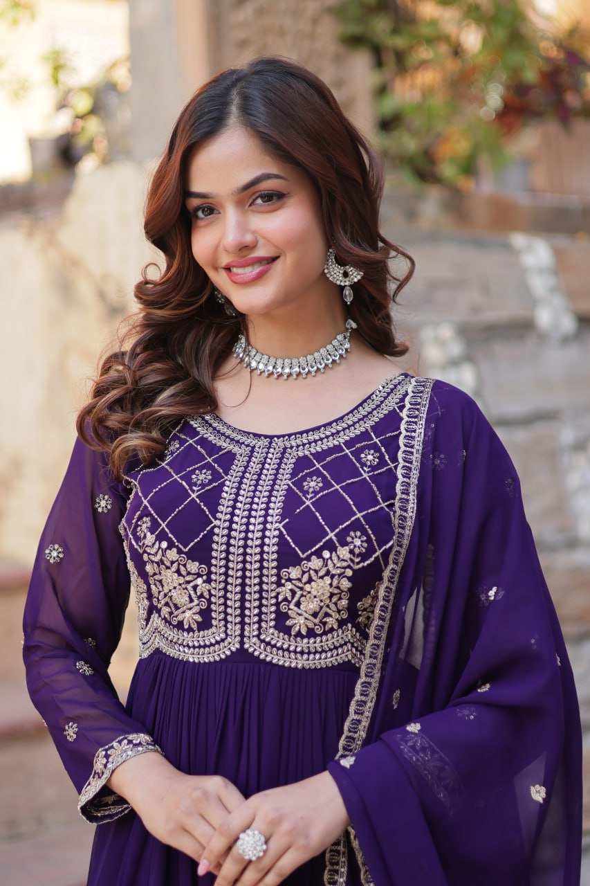 Amazing Embroidered Work Purple Color Gown