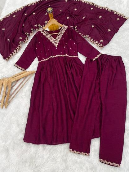 Gorgeous Vichitra Silk Wine Color Anarkali Kurti