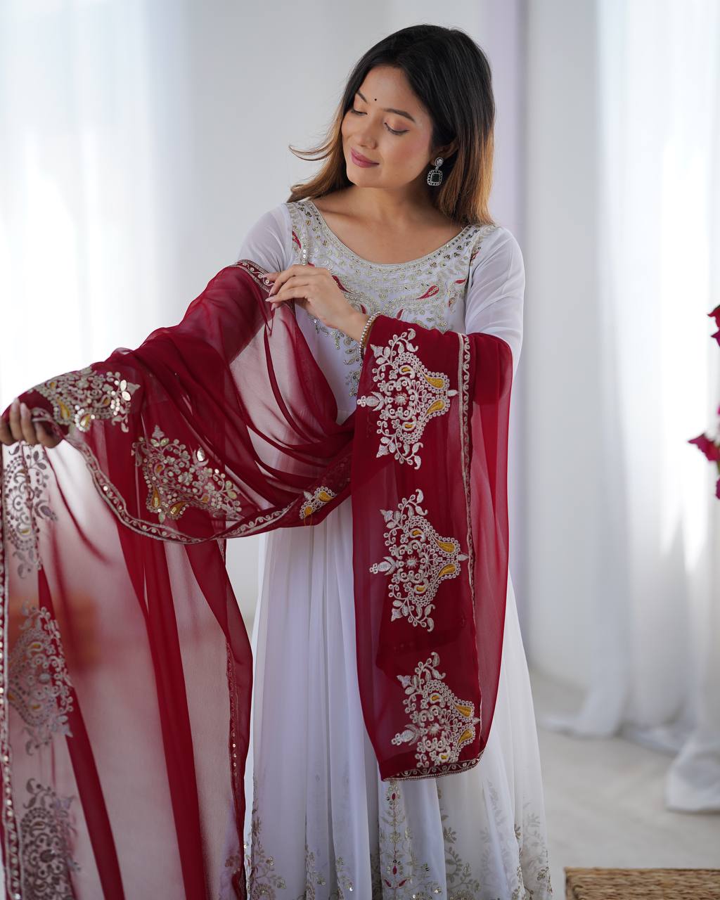 Imposing White Color Gown With Maroon Dupatta