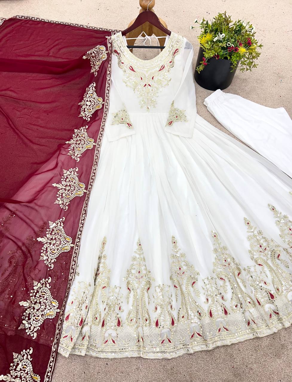 Imposing White Color Gown With Maroon Dupatta