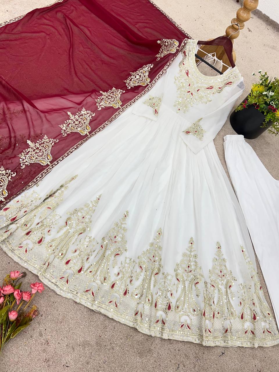 Imposing White Color Gown With Maroon Dupatta