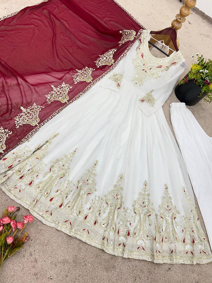 Imposing White Color Gown With Maroon Dupatta