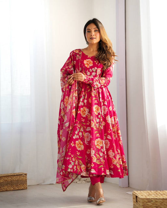 Gorgeous Flower Print Pink Color Anarkali Gown