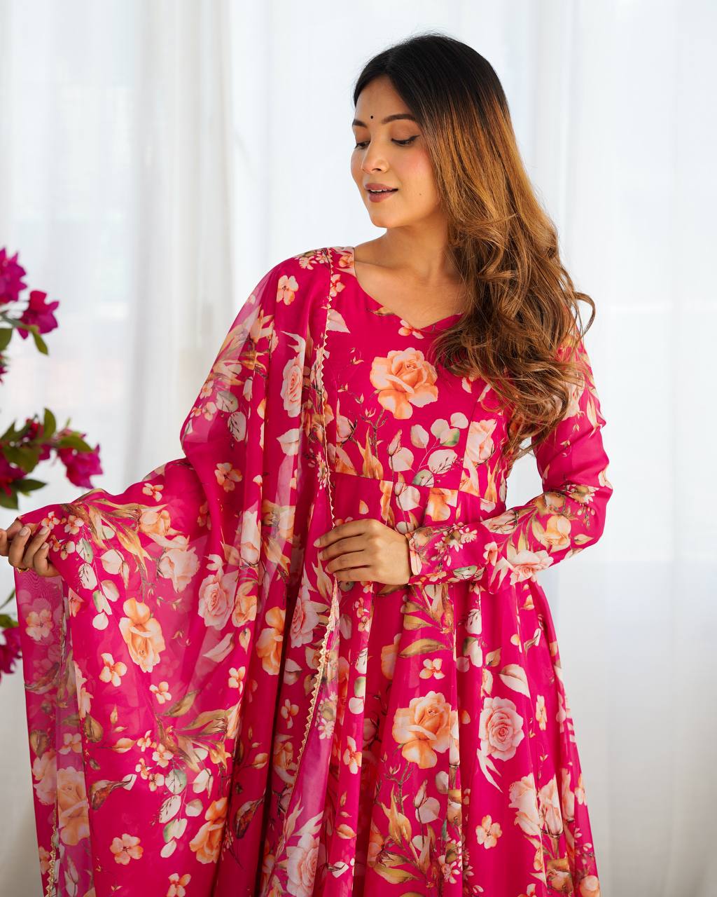 Gorgeous Flower Print Pink Color Anarkali Gown
