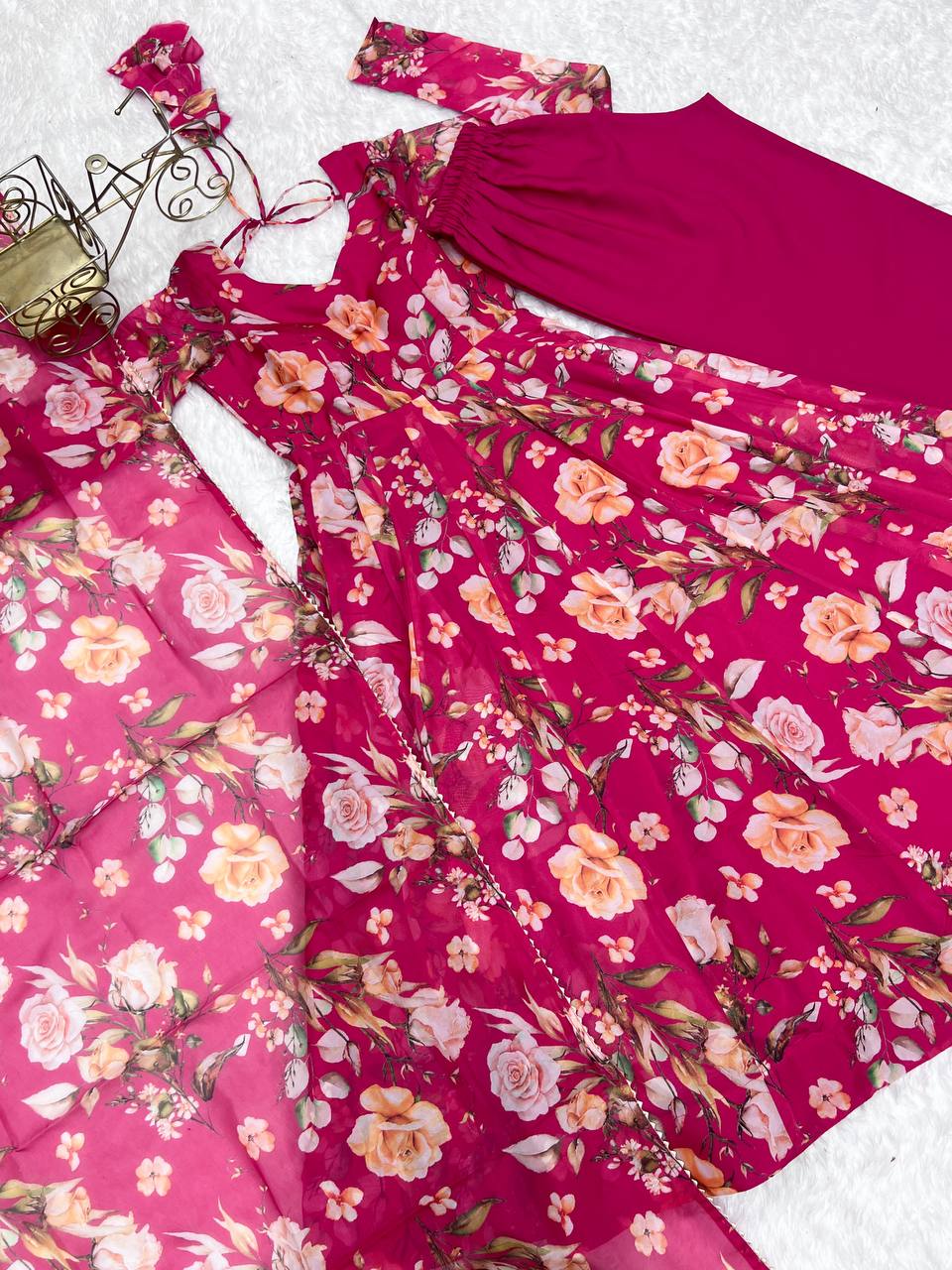 Gorgeous Flower Print Pink Color Anarkali Gown
