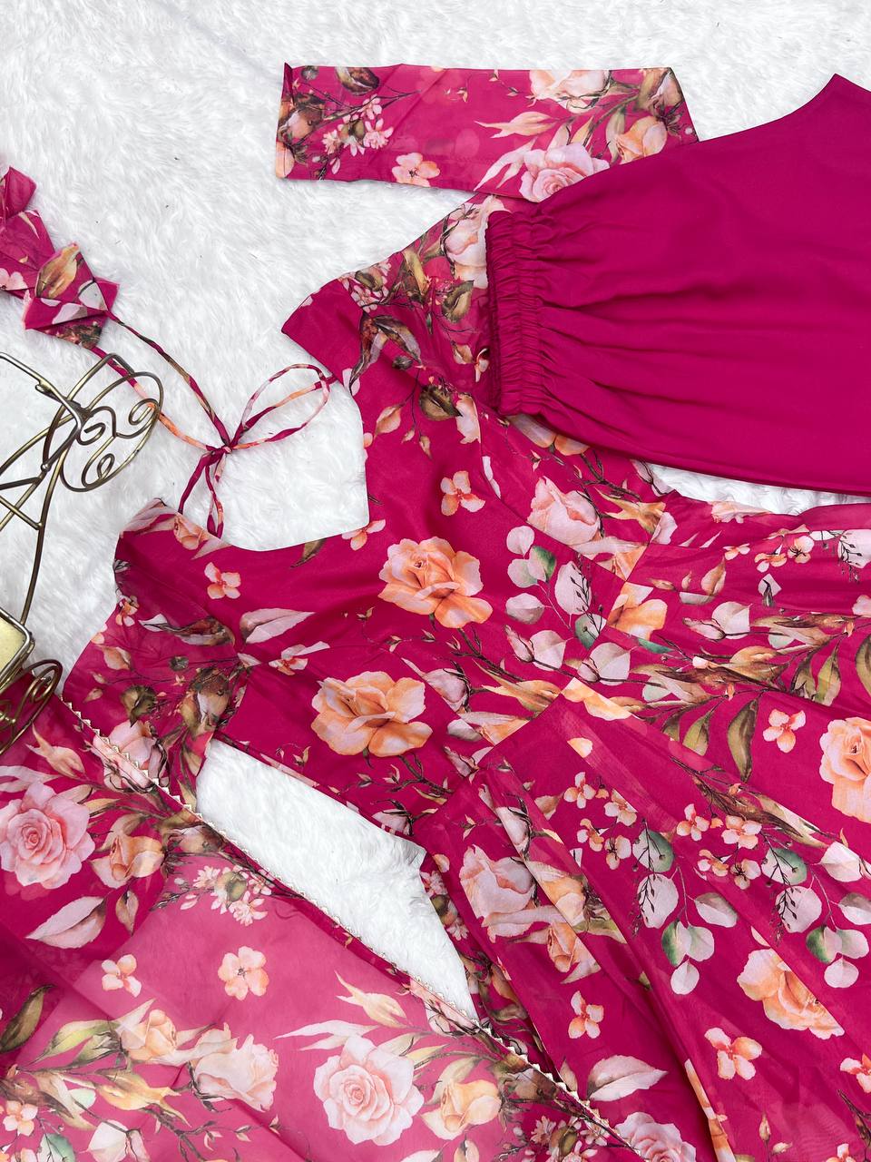 Gorgeous Flower Print Pink Color Anarkali Gown