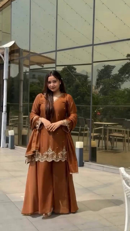 Awesome Embroidery Work Brown Color Sharara Suit