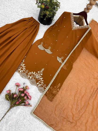 Awesome Embroidery Work Brown Color Sharara Suit