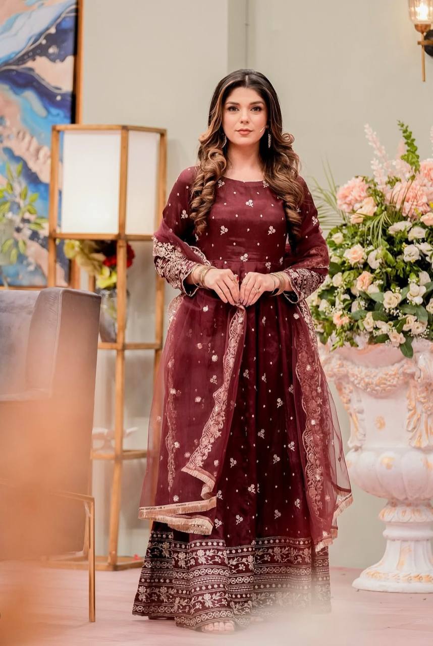 Delightful Sequence Work Wine Color Gown