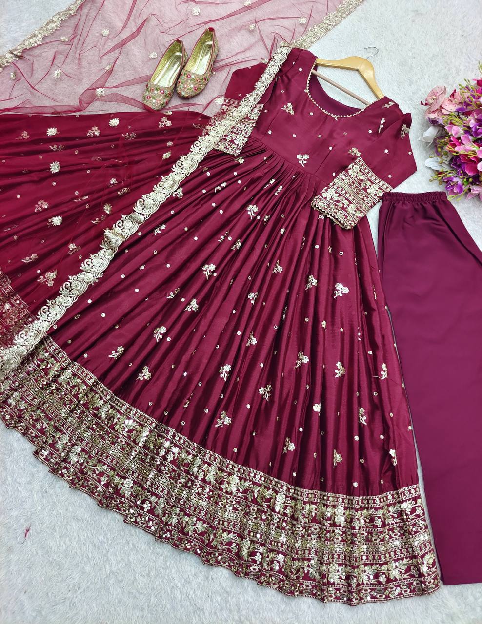 Delightful Sequence Work Wine Color Gown