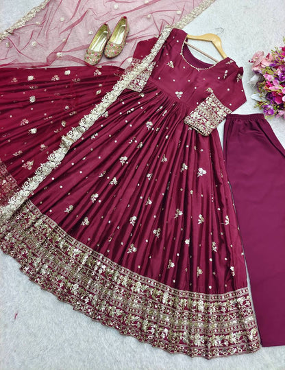 Delightful Sequence Work Wine Color Gown