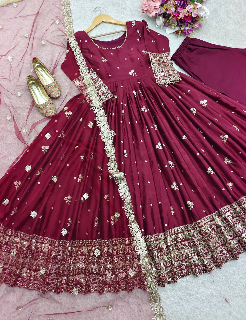 Delightful Sequence Work Wine Color Gown