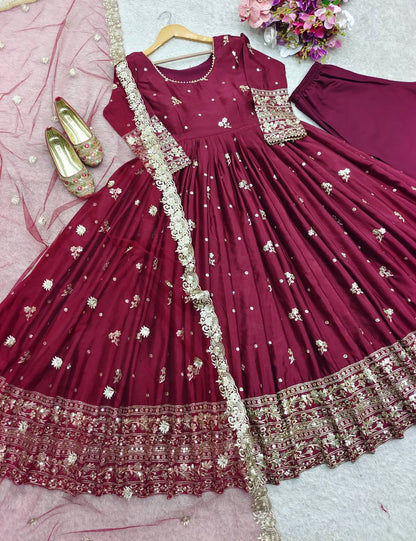 Delightful Sequence Work Wine Color Gown