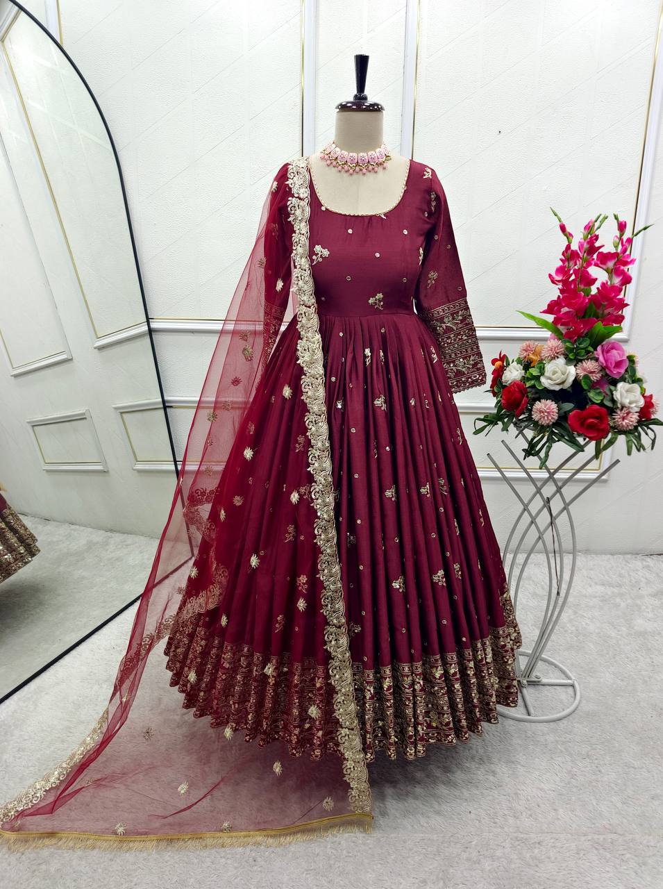 Delightful Sequence Work Wine Color Gown