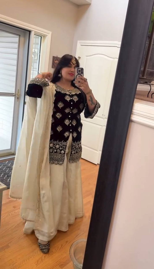 Flattering Sequence Work Black Color Palazzo Suit
