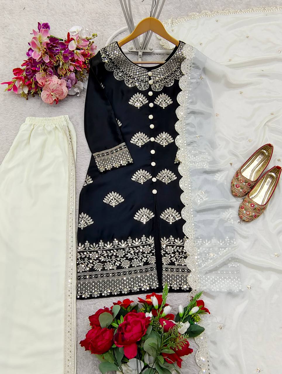Flattering Sequence Work Black Color Palazzo Suit