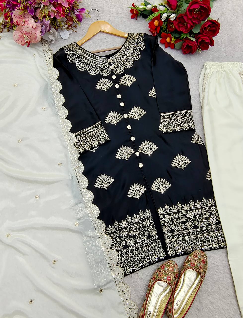 Flattering Sequence Work Black Color Palazzo Suit