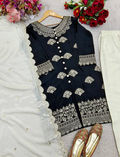 Flattering Sequence Work Black Color Palazzo Suit