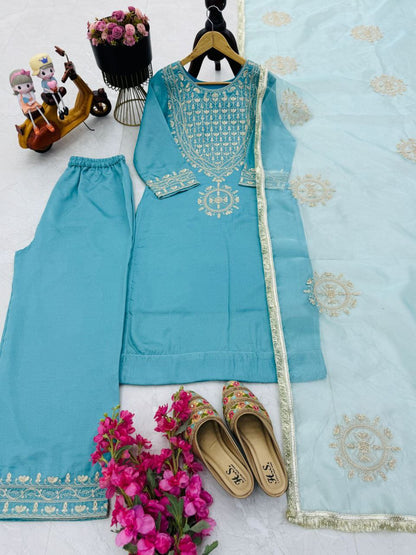Graceful Vichitra Silk Sky Blue Color Sharara Suit