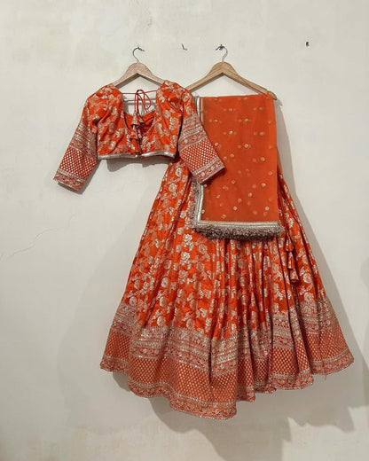 Occasion Wear Jacquard Work Orange Color Lehenga Choli
