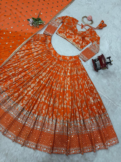 Occasion Wear Jacquard Work Orange Color Lehenga Choli