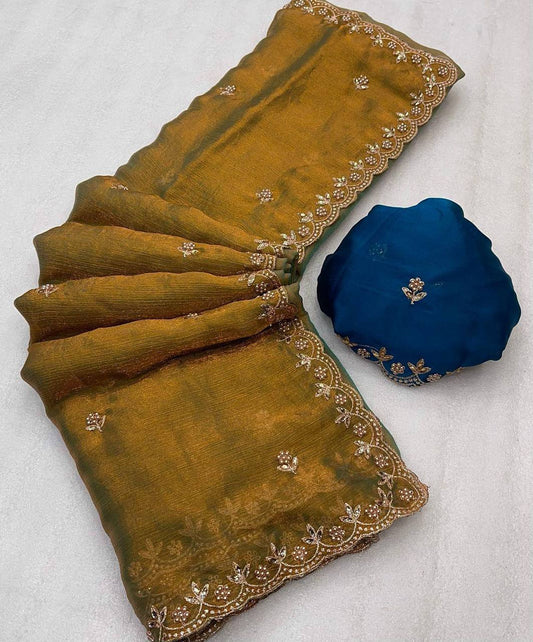 Beautiful Fendy Chiffon Mustard Color Saree
