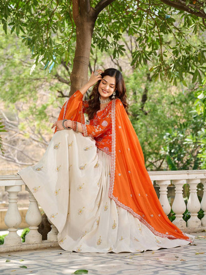 Occasion Wear Orange Color Kurti With White Lehenga