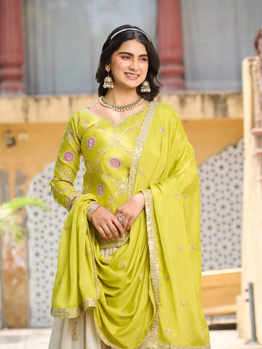 Occasion Wear Green Color Kurti With White Lehenga