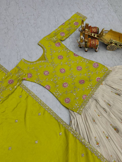 Occasion Wear Green Color Kurti With White Lehenga