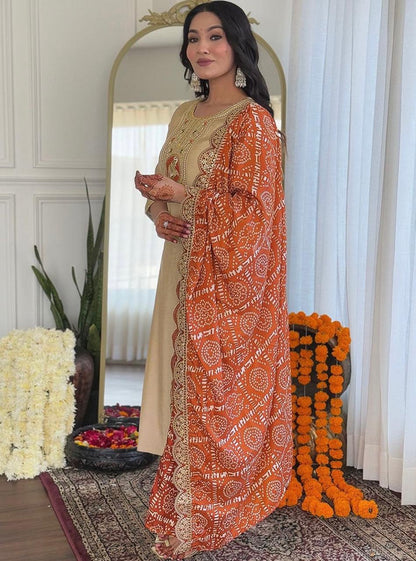 Decent Embroidery Work Cream Color Salwar Suit