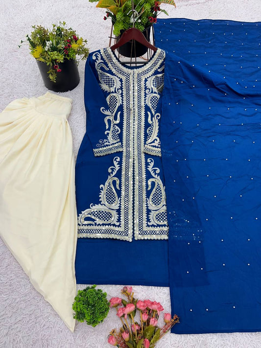 Designer Heavy Work Navy Blue Color Dhoti Suit