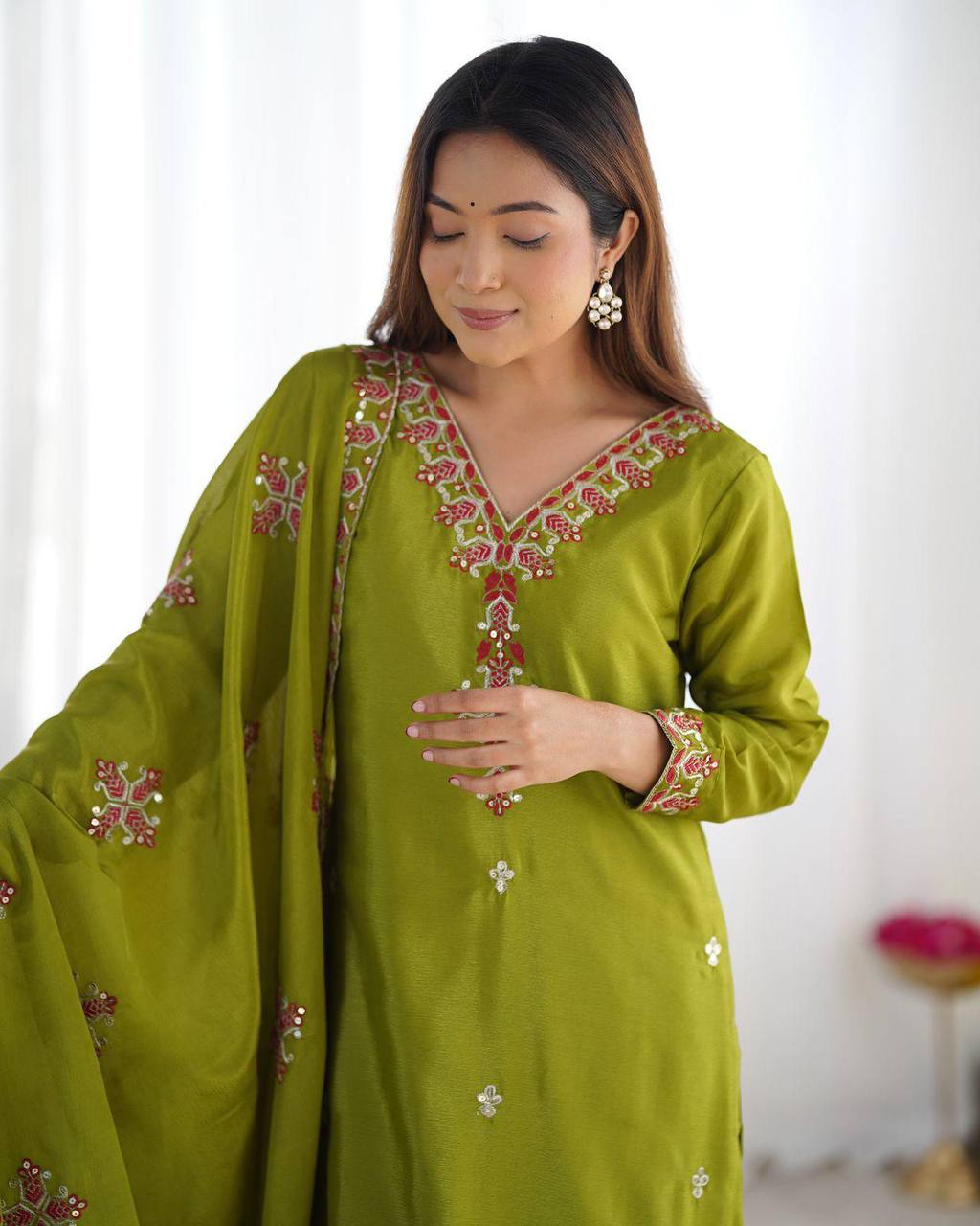 Marvelous Embroidery Work Green Color Salwar Suit