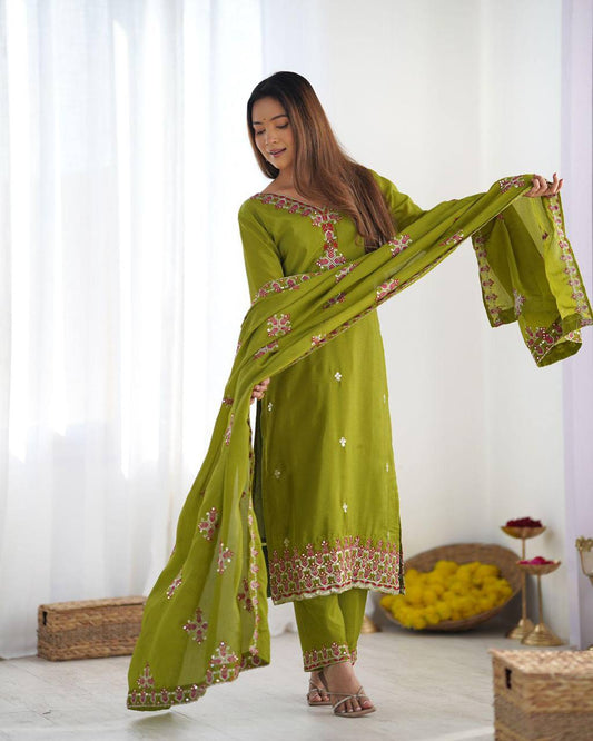 Marvelous Embroidery Work Green Color Salwar Suit