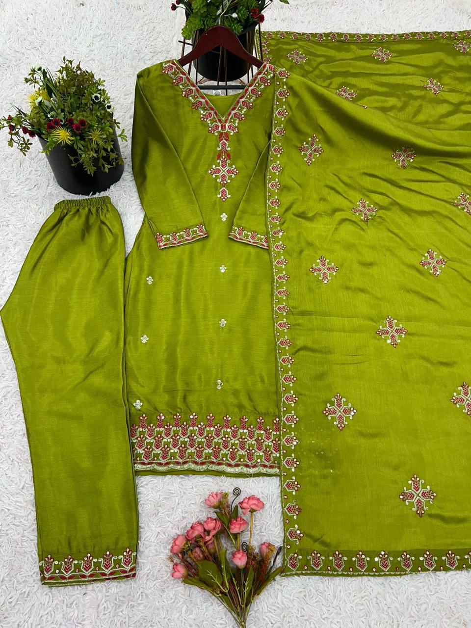 Marvelous Embroidery Work Green Color Salwar Suit