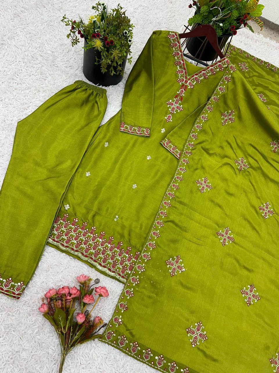 Marvelous Embroidery Work Green Color Salwar Suit