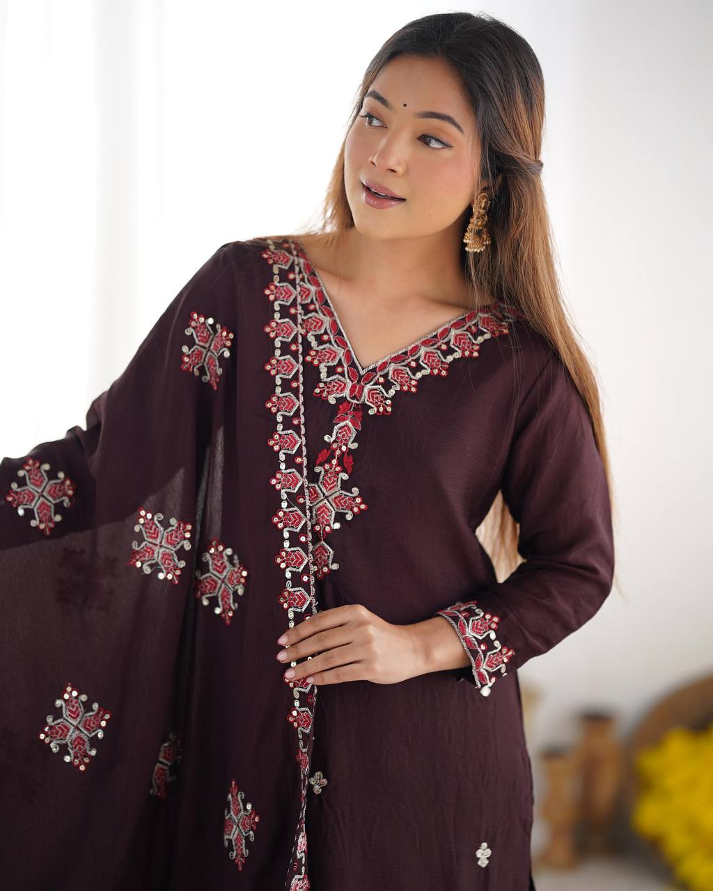 Marvelous Embroidery Work Wine Color Salwar Suit