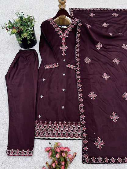 Marvelous Embroidery Work Wine Color Salwar Suit
