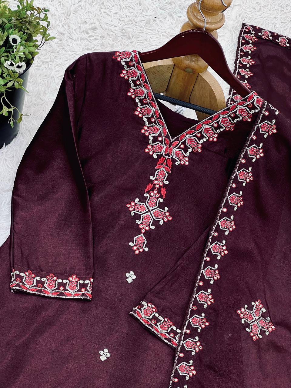 Marvelous Embroidery Work Wine Color Salwar Suit