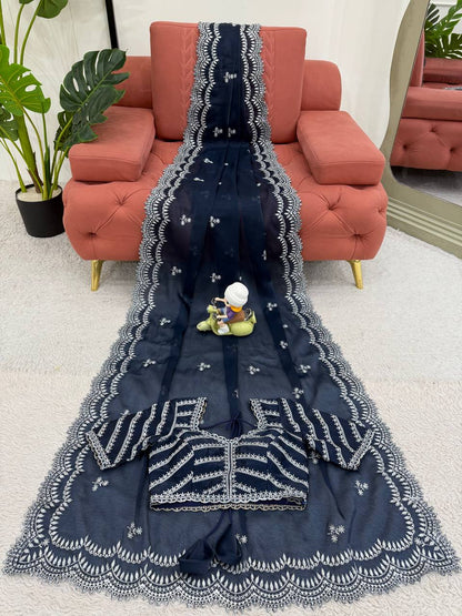 Lovely Heavy Work Navy Blue Color Saree