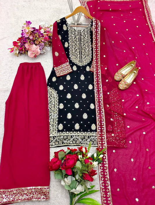 Black Color Heavy Embroidery Work Palazzo Suit