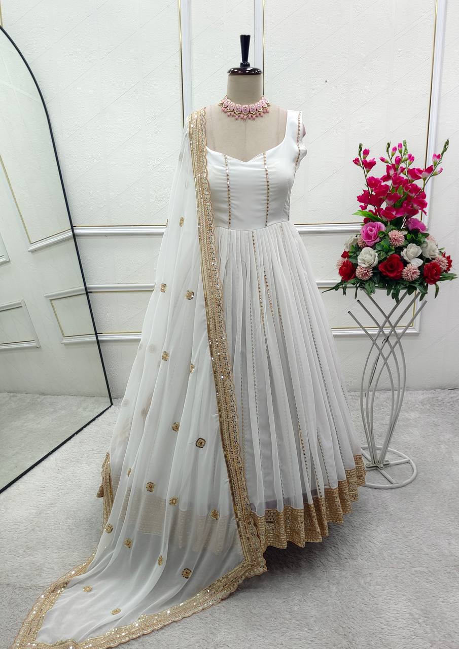 Attractive Sequence Work White Color Gown
