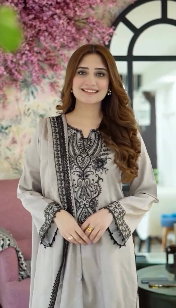 Elegant Embroidery Work Grey Color Salwar Suit