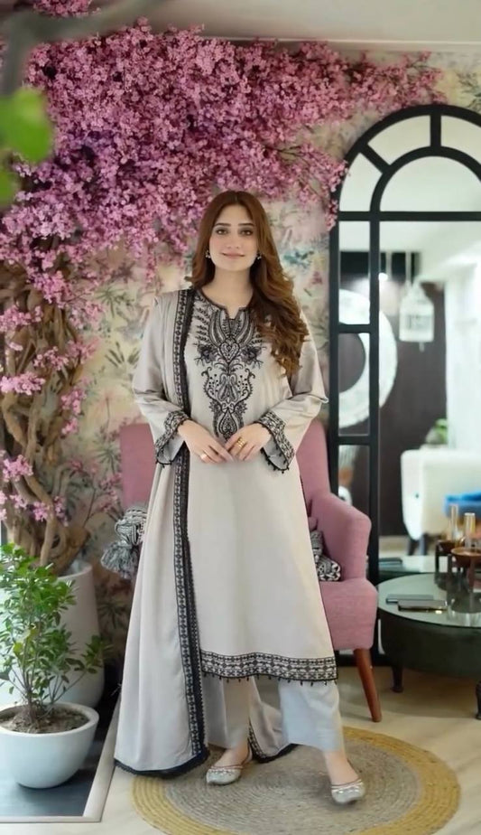 Elegant Embroidery Work Grey Color Salwar Suit