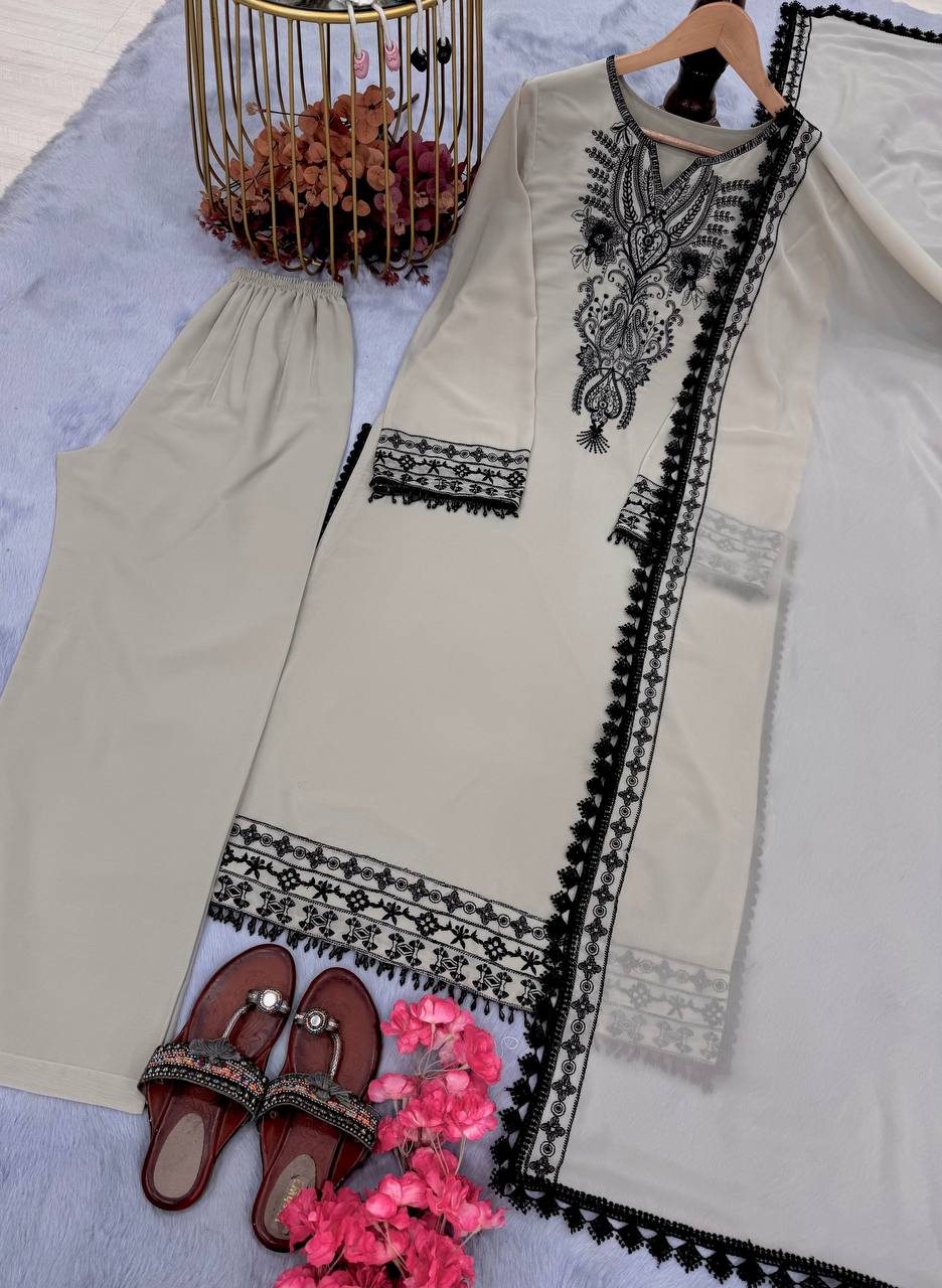 Elegant Embroidery Work Grey Color Salwar Suit