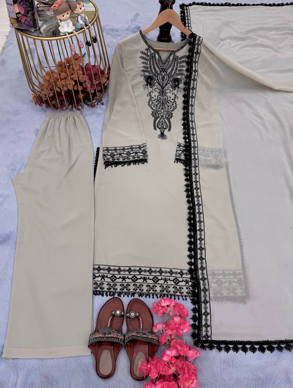 Elegant Embroidery Work Grey Color Salwar Suit