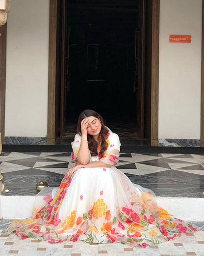 Wonderful Floral Print Silk White Color Lehenga Choli