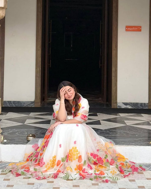 Wonderful Floral Print Silk White Color Lehenga Choli